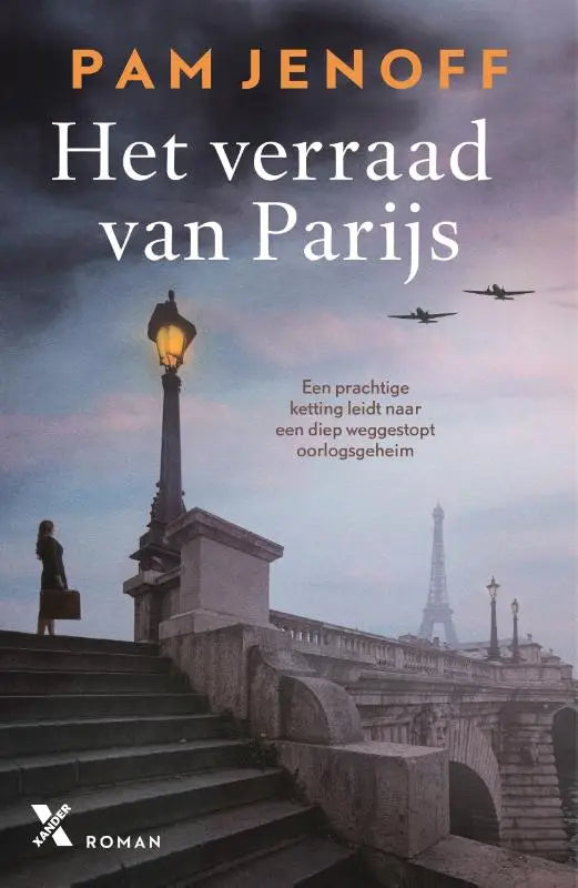 Boekcover van het verraad van parijs van pam jenoff met een sfeervolle tekening van parijse architectuur en vliegtuigen