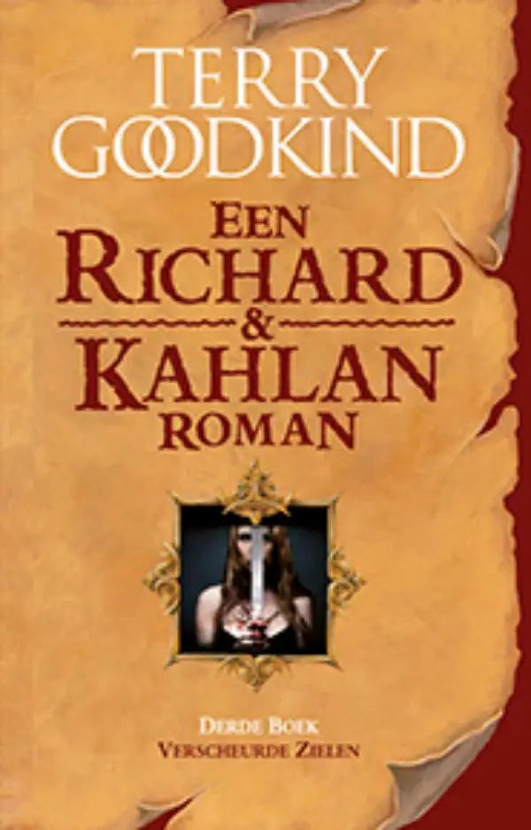 Book cover van verscheurde zielen door terry goodkind met goudlijsten portret en zwaard in luitingh sijthoff fantasy
