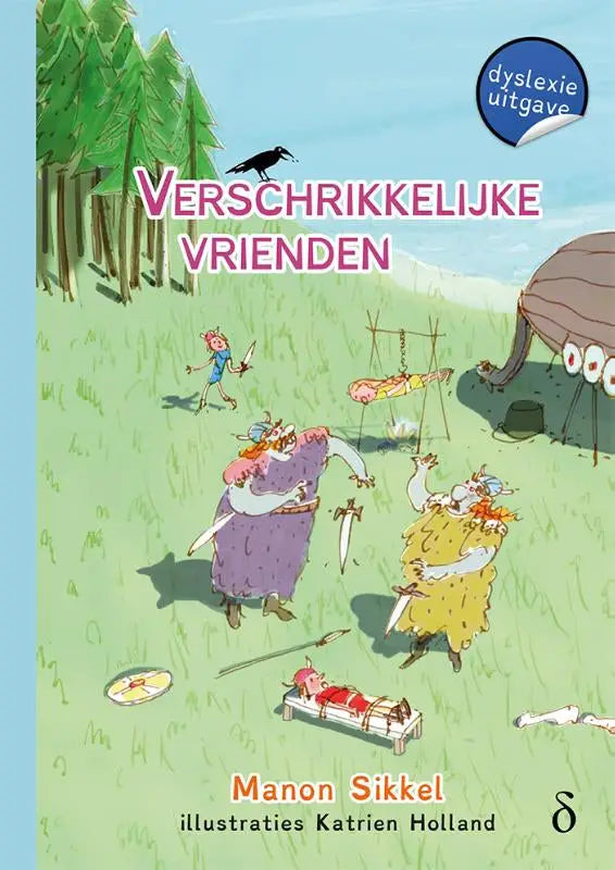 Boekcover van verschrikkelijke vrienden met een speelse illustratie van cartoonachtige personages in de buitenlucht