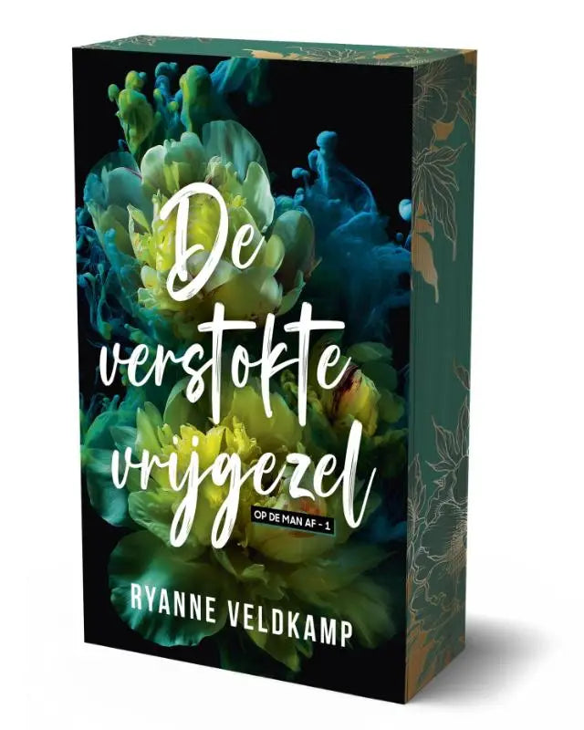 De boekcover van De verstokte vrijgezel toont fel groene en blauwe bloemen op zwarte achtergrond met witte cursieve tekst