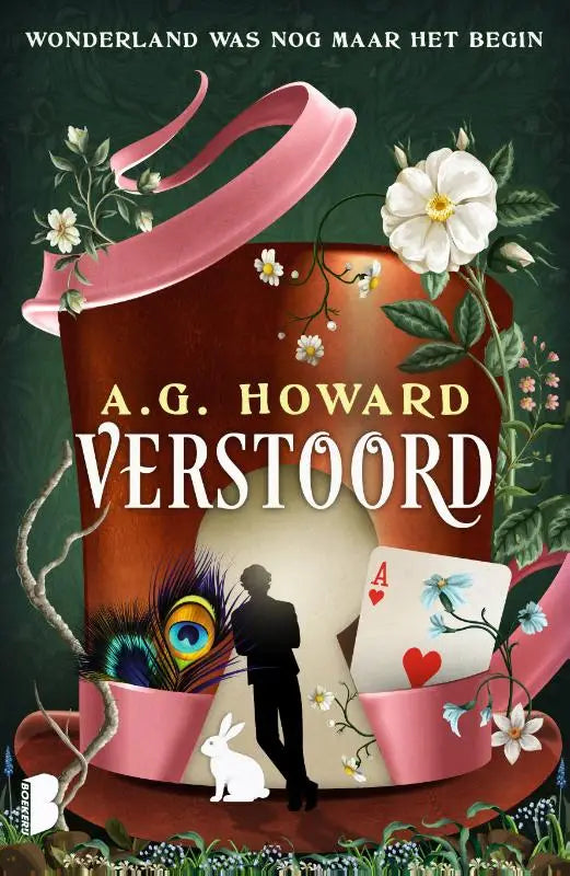 Een rode koningin rode top hoed met een roze lint, witte bloemen en groene wijnstokken uit verstoord a g howard