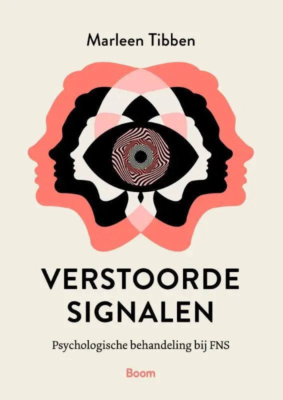 De boekcover van verstoorde signalen toont een gestileerd oog met zwart wit en koraalroze abstracte gezichten en symboliseert psychologische behandeling