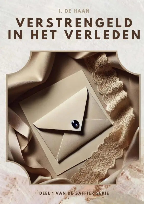 Beige envelop met zwarte knoopsluiting van verstrengeld in het verleden deel 1 van de saffier serie