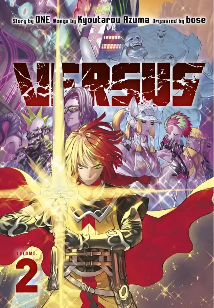 De cover van volume 2 van de manga Versus door One toont een personage met rood en blond haar in gouden harnas met een gloeiend zwaard