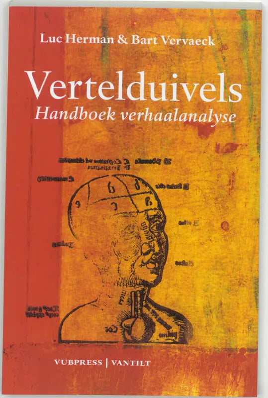 Het boek vertelduivels toont een zwart-wit anatomische illustratie van een hoofd met genummerde regio’s op oranje-geel achtergrond