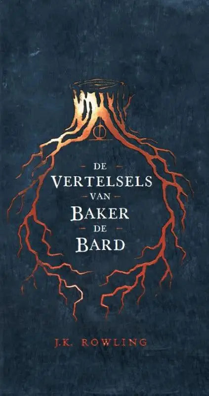 Donkerblauw boek met oranje boomwortelontwerp en gloeiend gouden symbool, getiteld de vertelsels van baker de bard door j.k