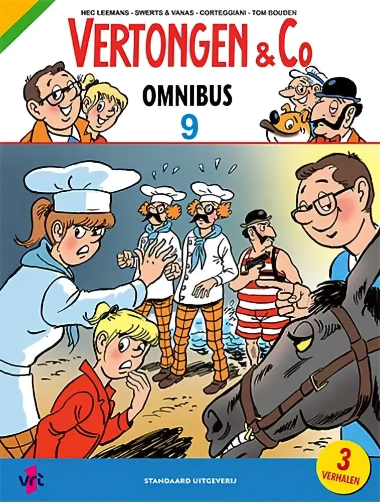 De cover van het vertongen & co omnibus 9 stripboek toont kleurrijke cartoonfiguren op het strand met een chef en een paard