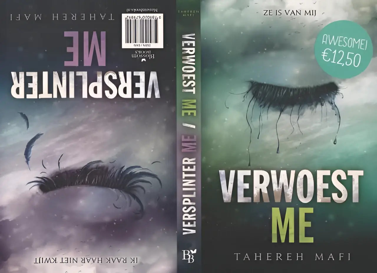 De boekcover van verwoest me versplinter me toont een donkere oog met lange zwarte wimpers op een teal paarse achtergrond, tahereh mafi touching juliette