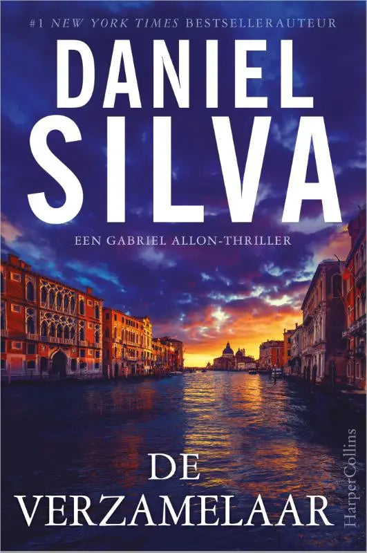 De verzamelaar boek cover toont een levendige zonsondergang over de kanalen van venetië een gabriel allon-thriller daniel silva