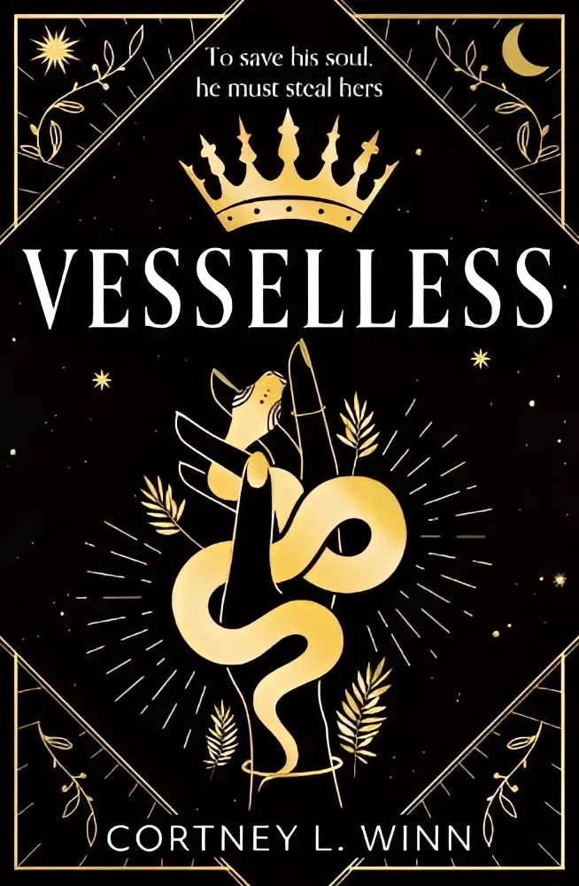 Zwarte kaft van het boek Vesselless met gouden folie details, kroon boven titel en gouden slang rond handillustratie