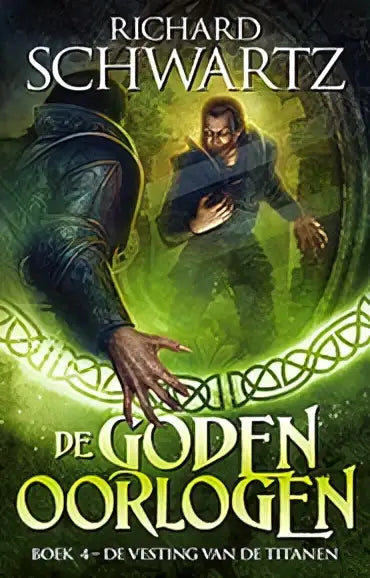 De vesting van de titanen boekcover toont een donkere geharnaste figuur tegen een groen mystiek achtergrond richard schwartz luitingh sijthoff fantasy