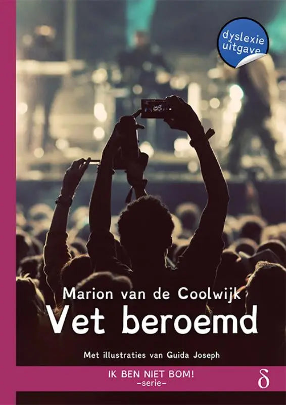 De boekcover van vet beroemd toont een levendige roze rand en titel in witte letters met silhouetten van concertgangers