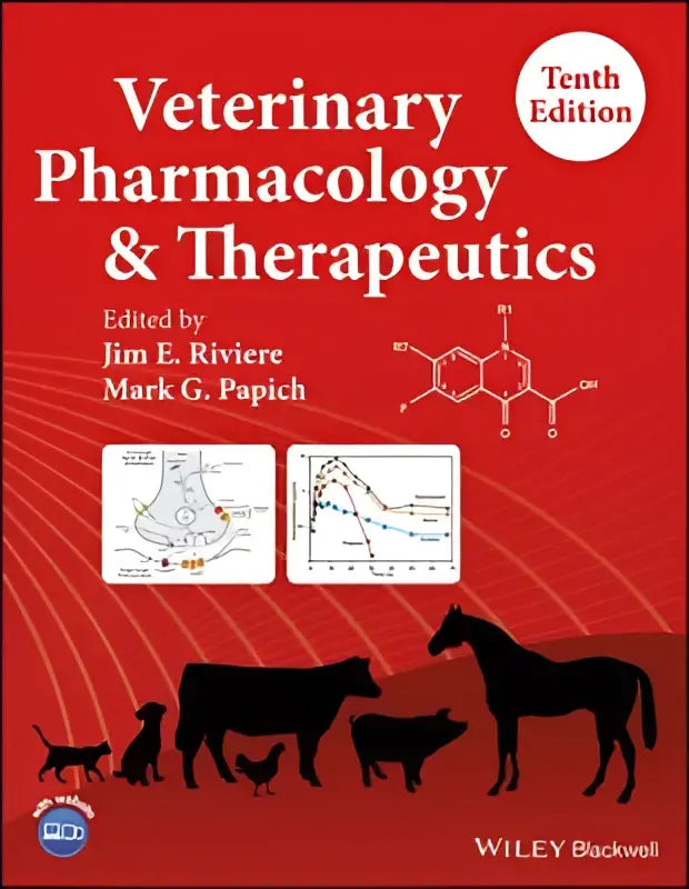 Rood hardcoverboek veterinary pharmacology and therapeutics tiende editie, een standaardwerk in veterinary pharmacology