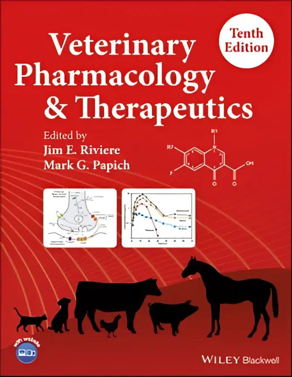 Rood hardcover boek veterinary pharmacology and therapeutics tiende editie door jim e gericht op veterinary pharmacology