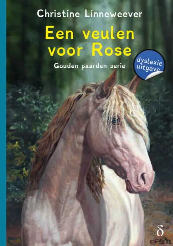 Een boekcover van een veulen voor rose met een lichtgekleurd paard en bosachtige achtergrond