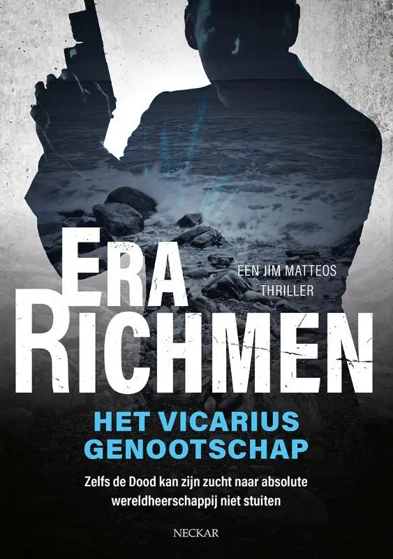 Het boek cover van het vicarius genootschap toont een donkere afbeelding met een schimmige figuur en een pistool