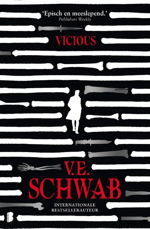Zwart-witte limited edition hardback cover van dark fantasy boek vicious met rode titel en silhouet van vrouw
