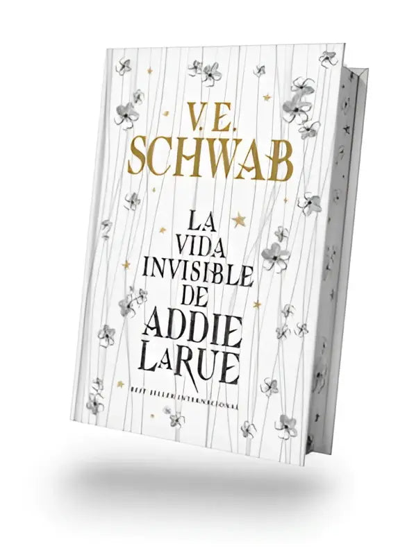 Witte hardcoverboek vida invisible de addie larue met gouden letters en zwart-witte illustraties op de cover