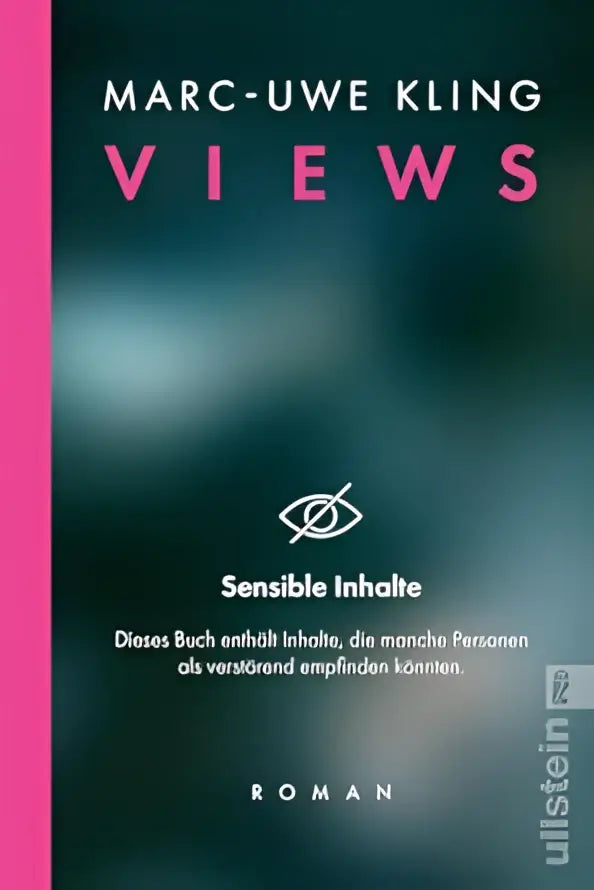 De boekcover van views door marc-uwe kling met een minimalistisch ontwerp in zachte teal en roze tinten