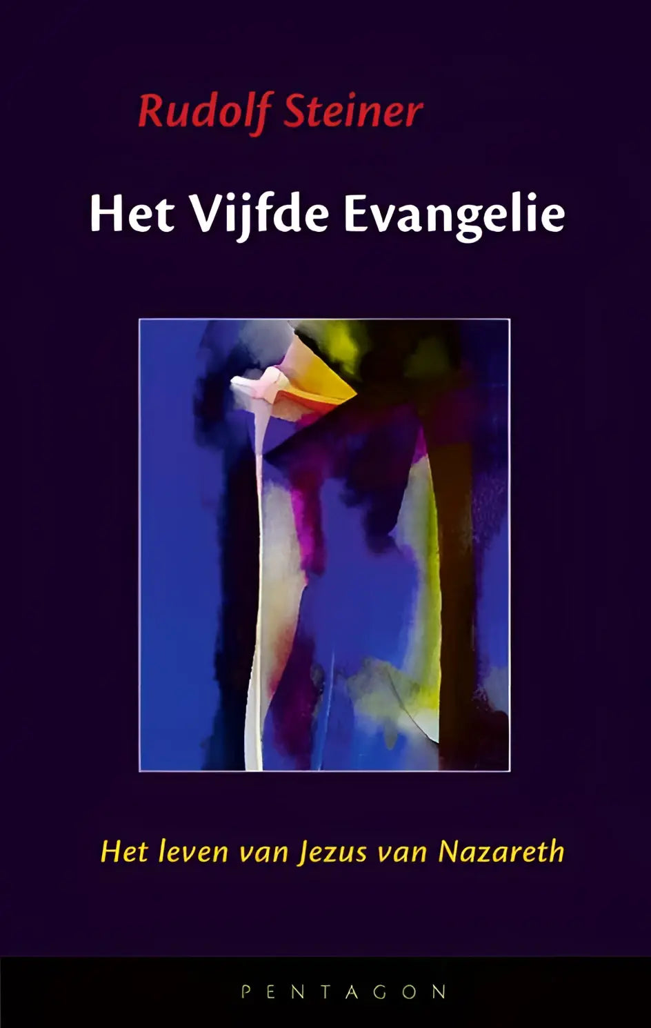 Paarse boekomslag van vijfde evangelie door rudolf steiner met een abstracte illustratie in blauw en geel