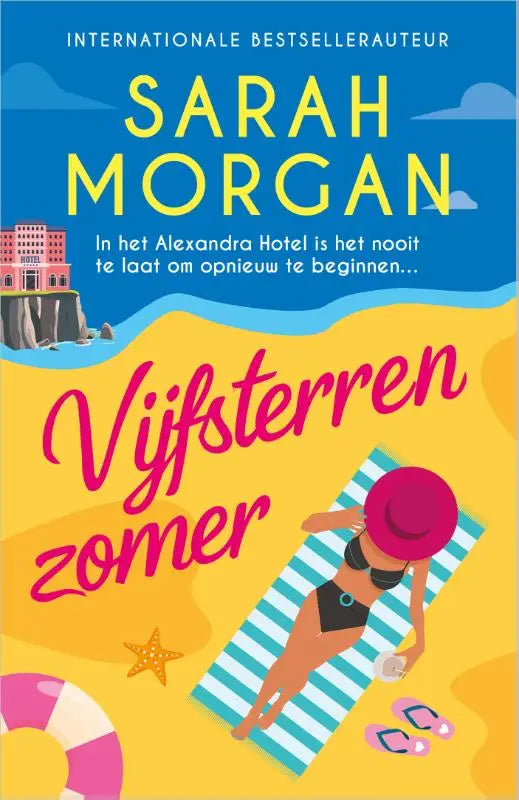 Vijfsterrenzomer boekcover toont vrouw in zwarte bikini en roze hoed op strandlaken in alexandra hotel hedendaagse romantiek