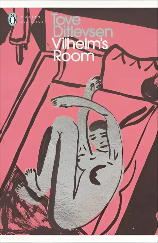 Illustrated pink and black book cover of vilhelm’s room by tove ditlevsen featuring a gray stylized figure and narrative theme