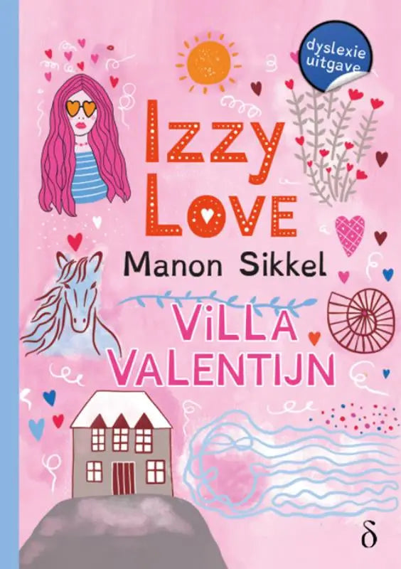 Pink boek omslag met cartoonmeisje met lange roze haren en hartvormige zonnebril getiteld izzy love voor villa valentijn product