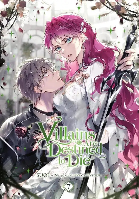 De manga villains are destined to die volume 7 toont een vrouw met roze haar en zwarte zwaard op de omslag