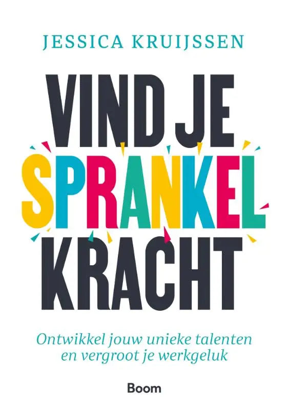 De boekomslag van vind je sprankelkracht toont kleurrijke typografie met de titel in geel, roze en teal voor unieke talenten