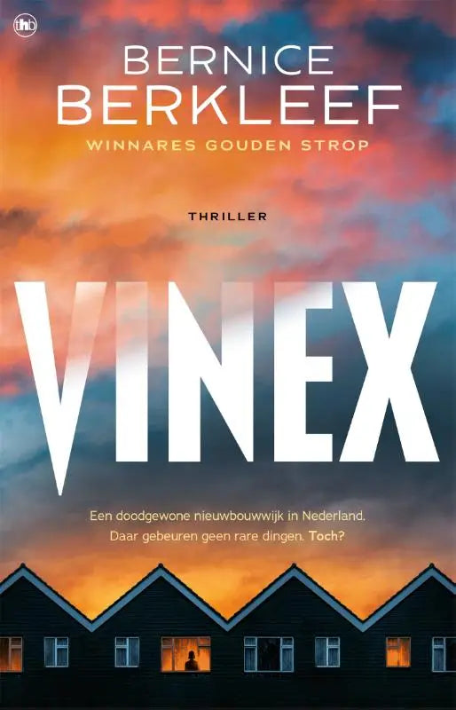 De kaft van het boek Vinex toont de titel in witte letters tegen een dramatische oranje, roze en blauwe lucht