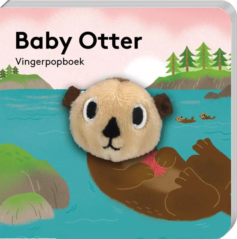 Soft plush vingerpopboekje baby otter met tan bont en zwarte geborduurde ogen en neus voor jonge lezers