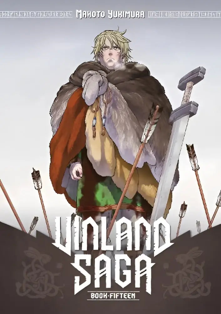 The cover of vinland saga 15 manga features a character in detailed medieval fur and fabric clothing