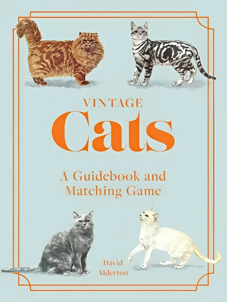 Vintage cats guidebook and matching game with illustrated cat breeds on light blue cover featuring orange text