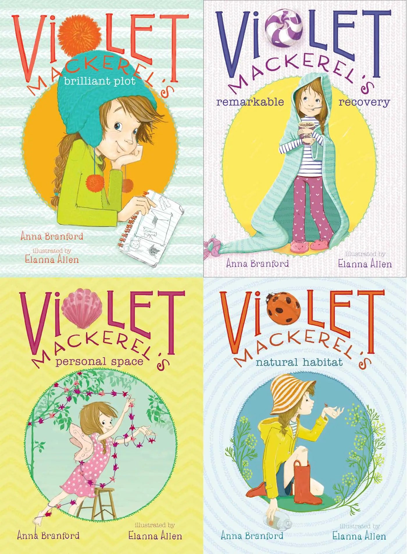 Covers van violet mackerel’s outside the box collected set met kleurrijke illustraties en speelse scènes