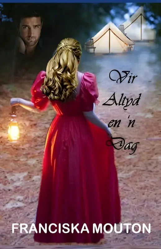 A woman in a flowing red gown with puffed sleeves walks through mist toward illuminated tents in vir altyd en ’n dag