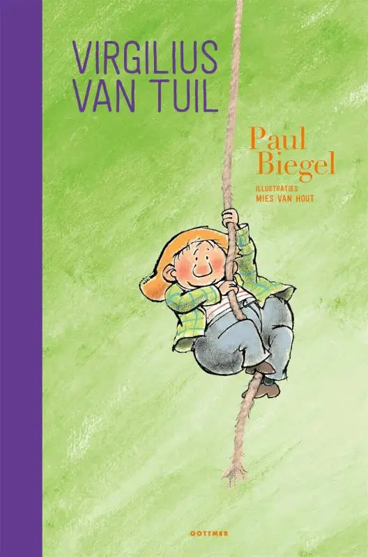 Boekcover virgilius van tuil met cartoon jongen in oranje hoed op groen paarse achtergrond voor jonge lezers