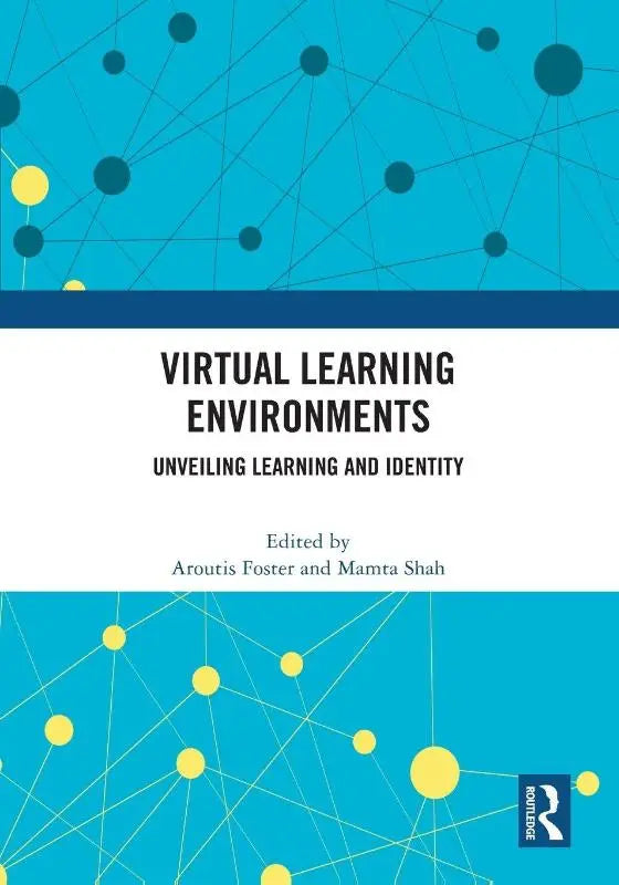 Blauwe en gele netwerkpatroon boekomslag voor virtual learning environments met focus op unveiling learning en identity
