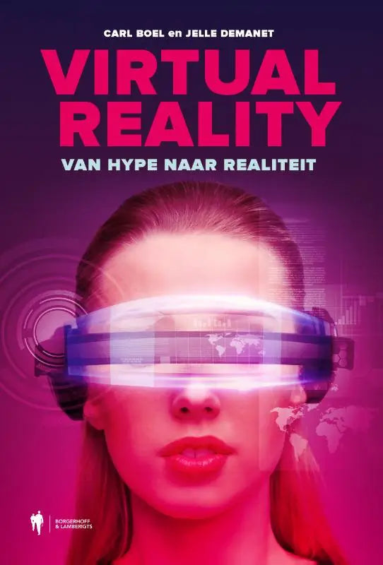 Een vrouw draagt een futuristisch virtual reality headset met paarse en blauwe licht effecten van Carl Boel Jelle Demanet