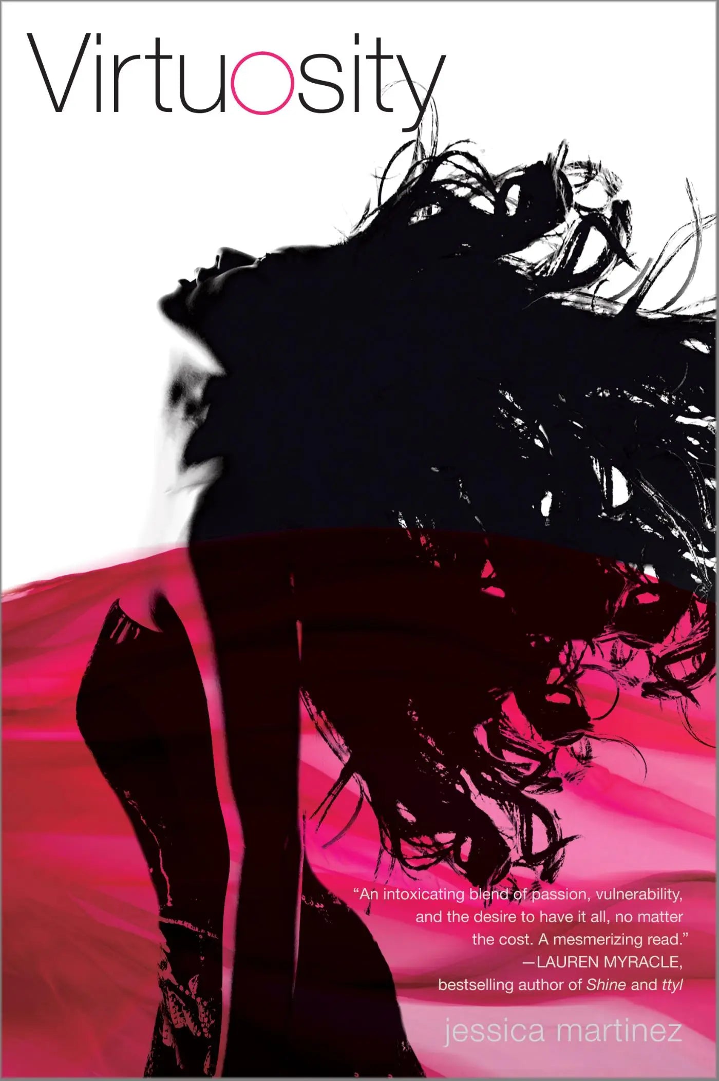 De boekcover van virtuosity door jessica martinez toont een zwart silhouet van een vrouw met vloeiend haar op een roze en wit achtergrond