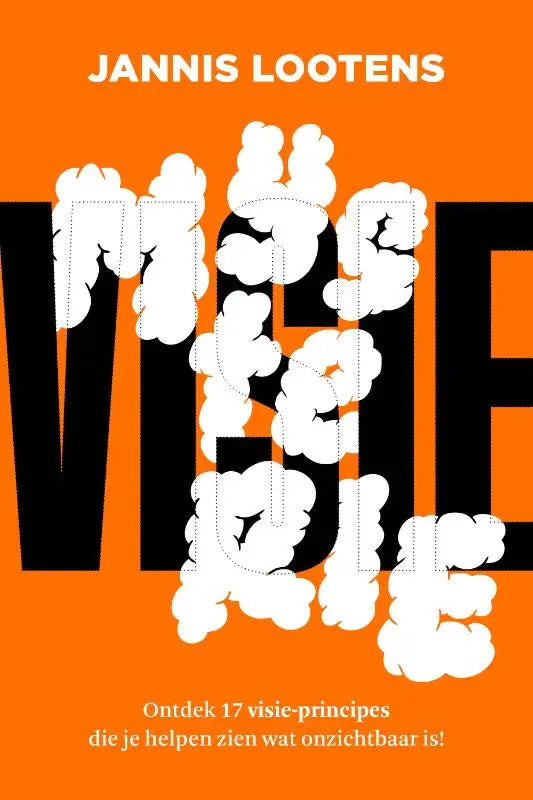 Oranje boekomslag met gedurfde zwart-witte gestileerde tekst en wolkachtig ontwerp van visie mysterie product
