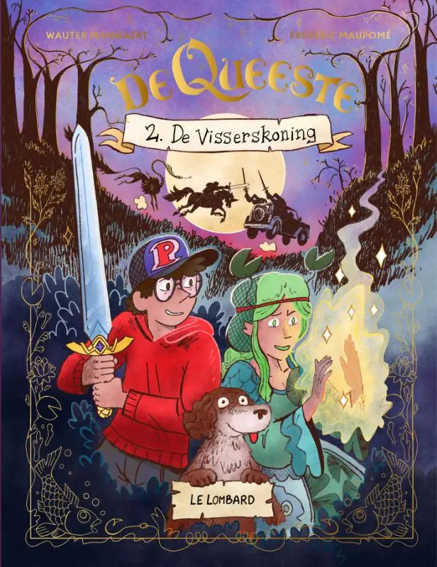 De cover van de kinderenboek de queeste 2 de visserskoning door wauter mannaert en frédéric maupomé met jongen in rode hoodie en zwaard