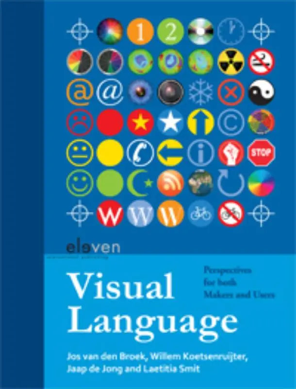 Blauw hardcoverboek visual language door laetitia smit en willem koetsenruijter met kleurrijke cirkeliconen op de omslag