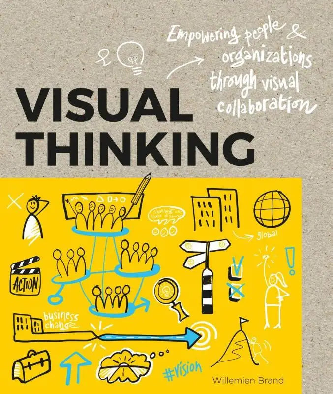 De boekcover van visual thinking door willemien brand bij bis publishers toont gele illustraties en zwarte titel op grijze achtergrond