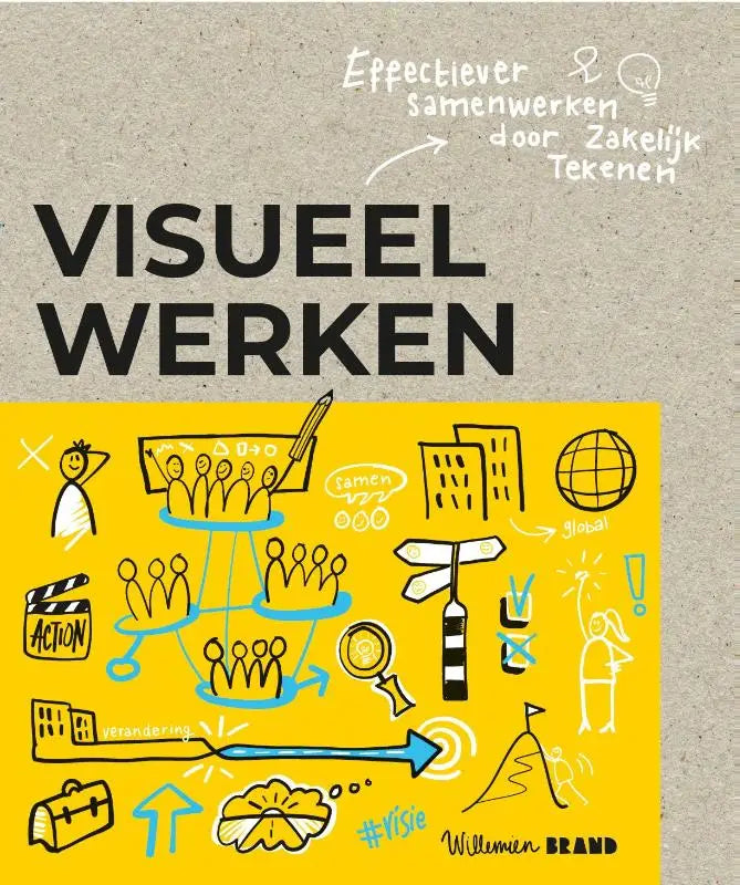 Het boek visueel werken van willemien brand bij bis publishers heeft een grijze cover met gele illustraties van teamwork