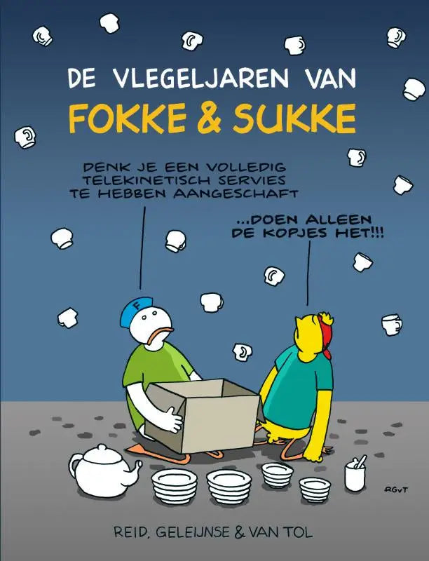 De vlegeljaren van fokke & sukke comic cover by bastiaan geleijnse and john reid with floating teacups blue background uitgeverij catullus