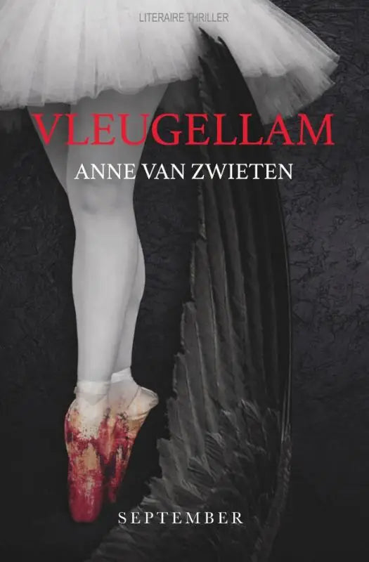 Balletschoenen vleugellam met witte maillots en rode vlekken en zwarte veren vleugel tegen donkere achtergrond