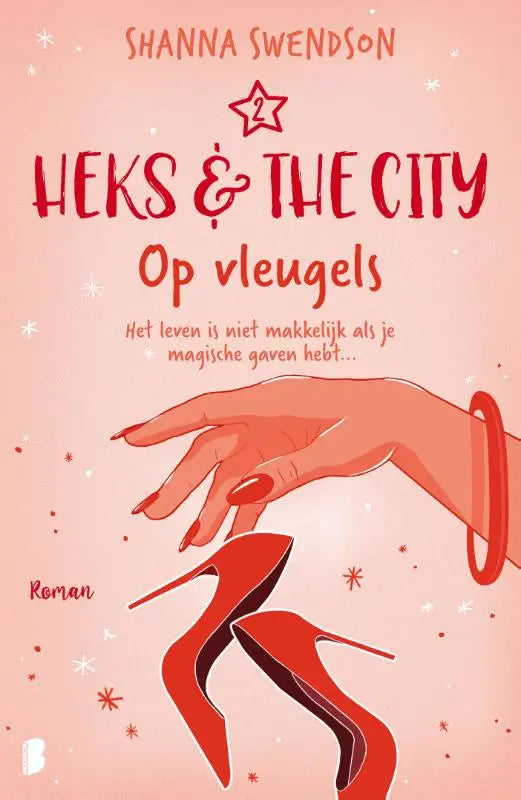 Rode lakleren hoge hakken op de cover van heks & the city op vleugels gericht op jonge lezers met magische gaven