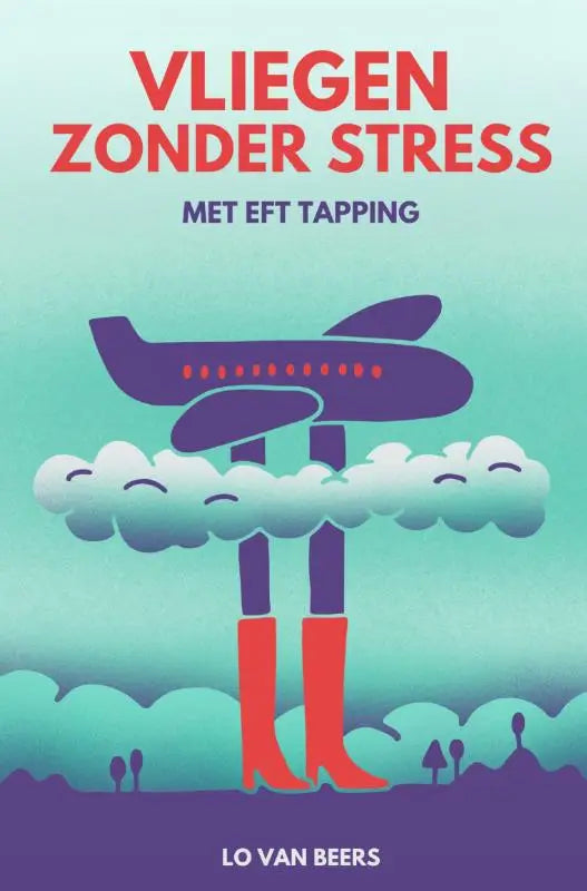 Stijlvolle paarse vliegtuigillustratie met rode stippen boven wolken en oranje laarzen voor vliegen zonder stress eft tapping