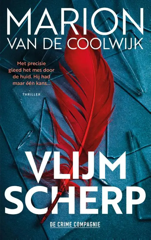 A vibrant red feather on the cover of the book Vlijmscherp with a textured dark teal background