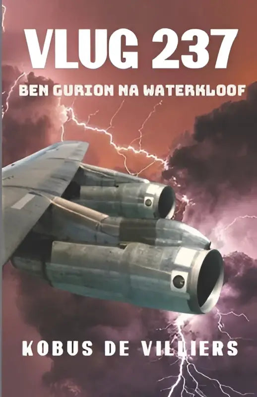 De voorkant van Vlug 237 toont een metallic zilverkleurig vliegtuig met drie motoren tegen een stormachtige lucht